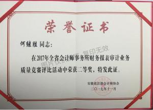 2017年度財(cái)務(wù)報(bào)表審計(jì)業(yè)務(wù)質(zhì)量競賽評(píng)比活動(dòng)個(gè)人二等獎(jiǎng)-何繼勝