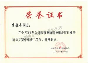 2018年度財(cái)務(wù)報(bào)表審計(jì)業(yè)務(wù)質(zhì)量競賽評(píng)比活動(dòng)個(gè)人二等獎(jiǎng)-李曉平