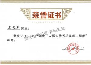 2016-2017年度安徽省優(yōu)秀總監(jiān)理工程師（吳長(zhǎng)軍）
